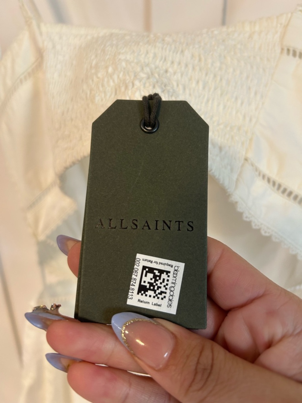 AllSaints white embroidered floral high low cutout midi dress - Picture 9 of 10